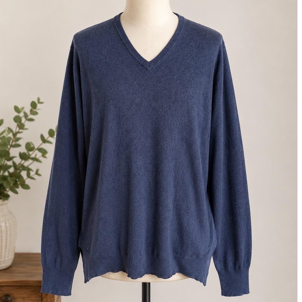 LL Bean Mens XL Blue Cotton Cashmere V-Neck Sweater Heathered Knit Vintage Rero